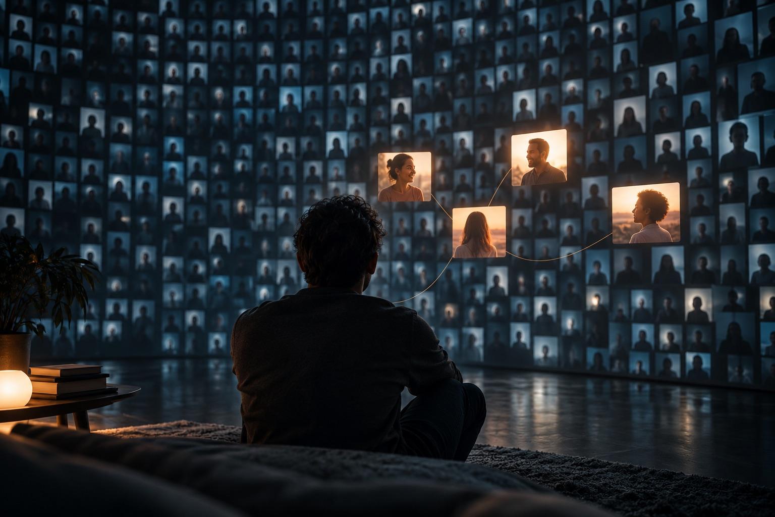 A person facing thousands of dim profile portraits while a few close connections glow warmly