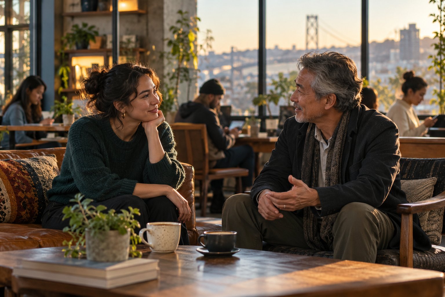 Two people from different generations sharing a warm conversation in a San Francisco coffee shop